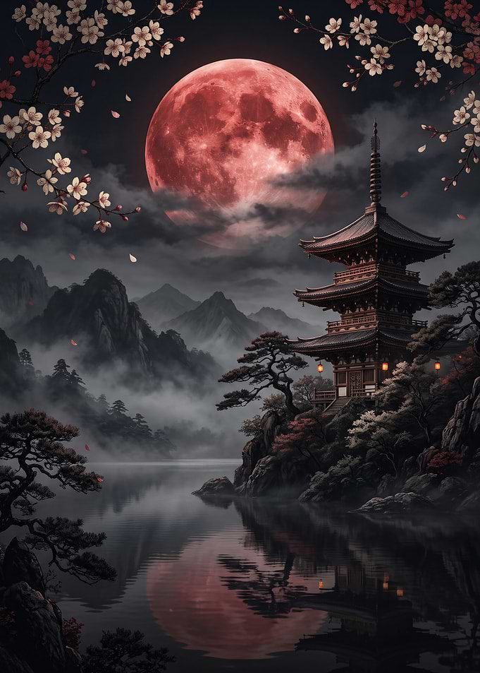 Red Moon Over Japanese Pagoda