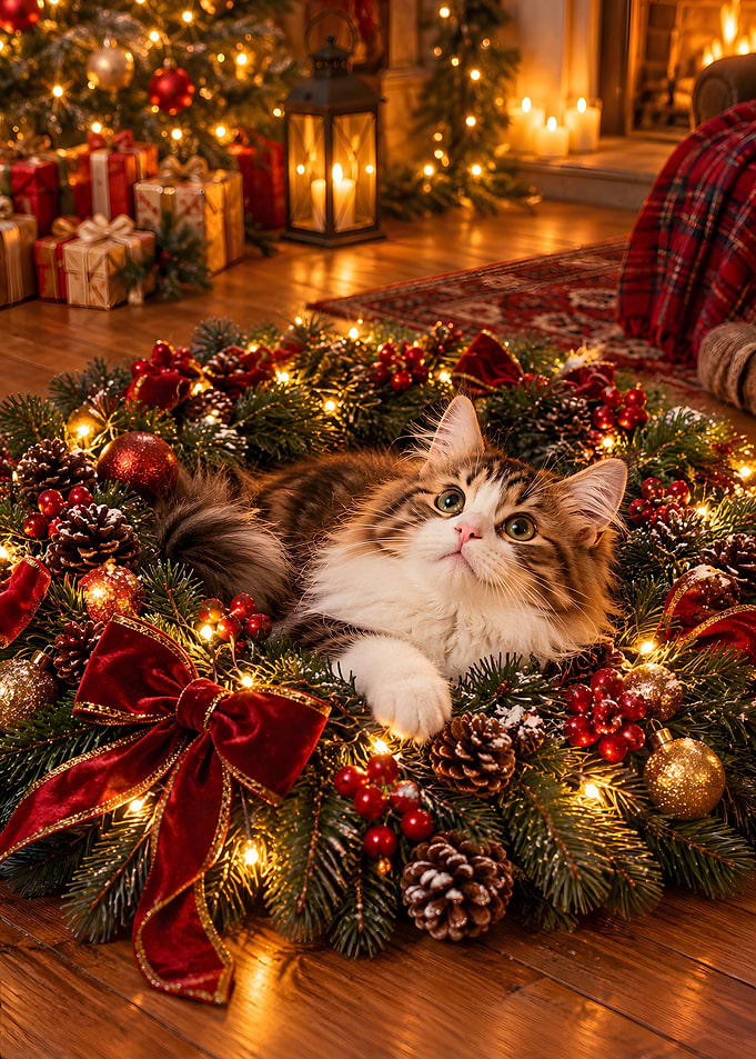 Cat Napping In Christmas Wreath