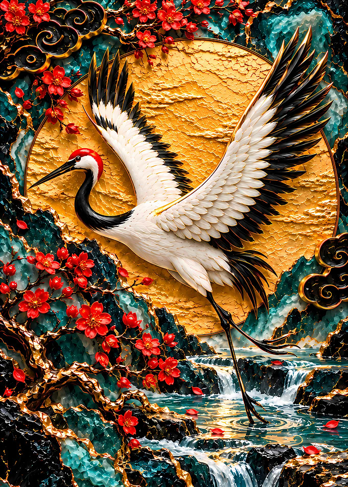 Red-Crowned Crane in Golden Landscape