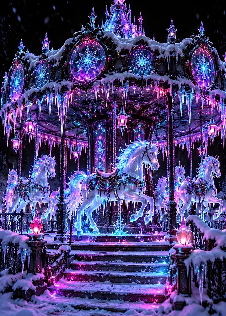 Frozen Carousel Ice Horses Neon