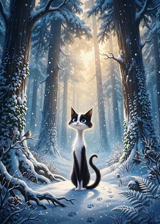 Snowy Cat Forest Winter Art Poster