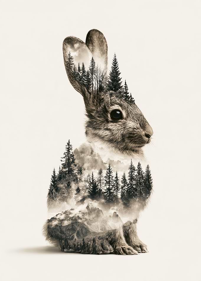 Double Exposure Rabbit Forest Silhouette
