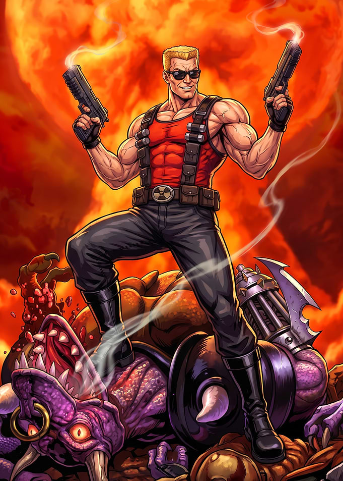 Duke Nukem Standing Over Defeated Alien