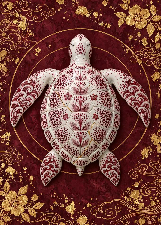 Porcelain Sea Turtle - Burgundy and Gold Kintsugi Wabi-Sabi