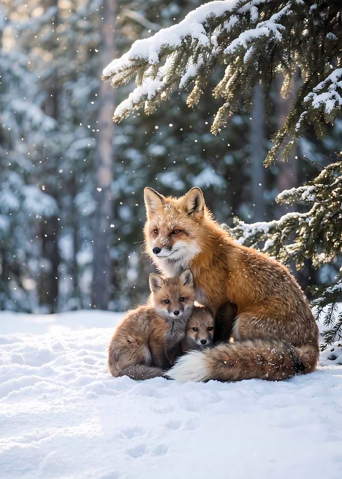 Mother Fox and Kits in Snow