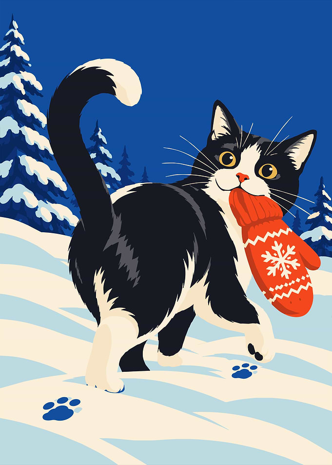 Winter Cat Wall Art – Cat in Snow with Festive Mitten
