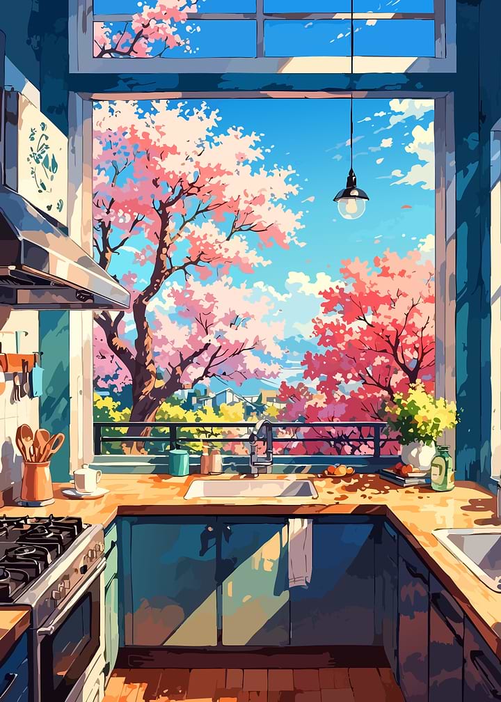 Kitchen View of Cherry Blossom Trees
