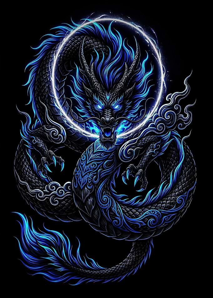 Glowing Blue Neon Asian Dragon