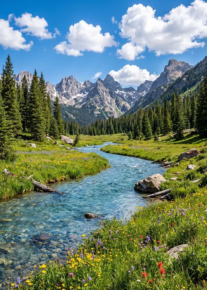 Alpine Stream Through Mountain Meadow