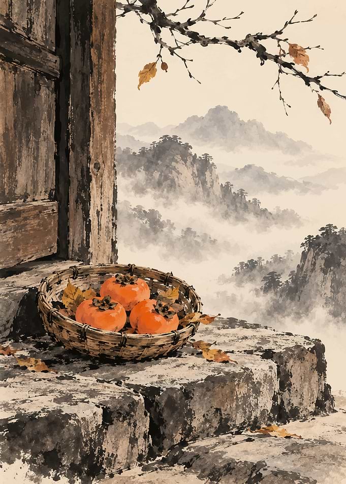 Persimmons in a Basket by Mountains