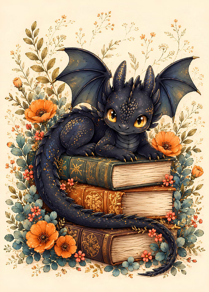 Cute Baby Dragon on Old Books