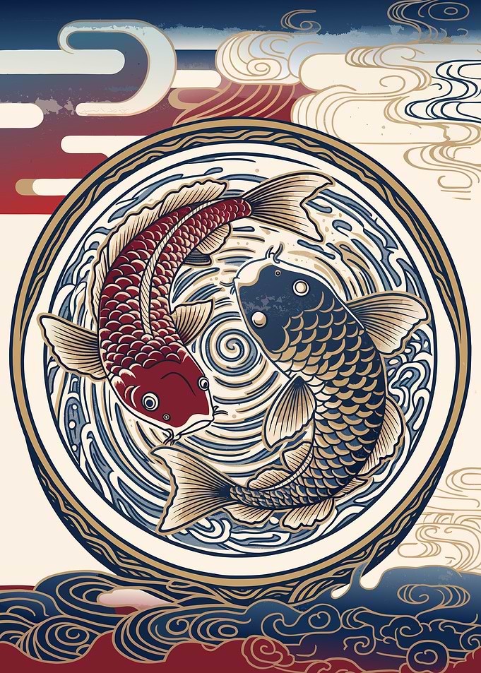 two koi circling in a round basin with ripples — Japanese Woodblock Art Print