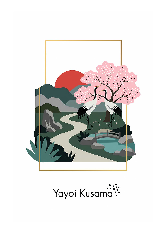Japanese Garden Illustration with Cranes