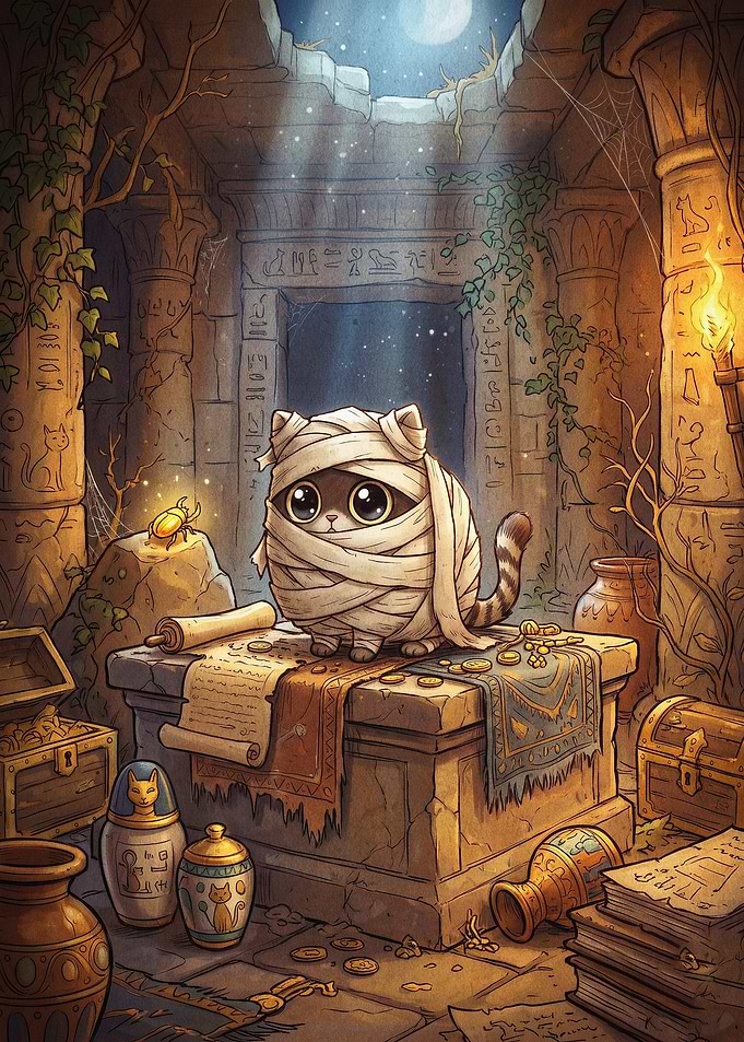 Cat Mummy Tomb Cute Fantasy Art