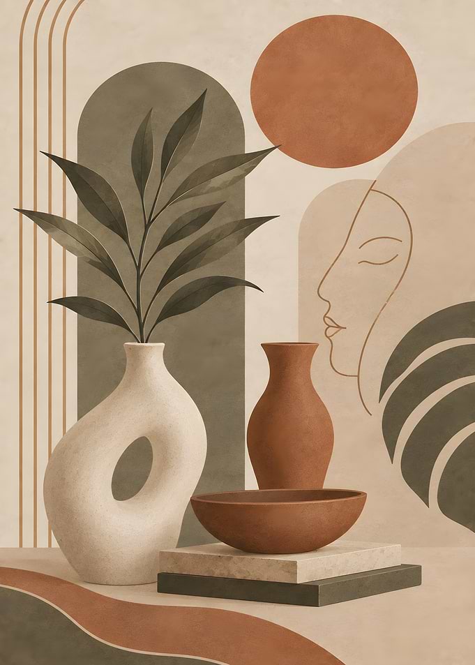 Earth Tone Abstract Still Life Art Print with Faces and Botanical Elements – Modern Boho Wall Decor