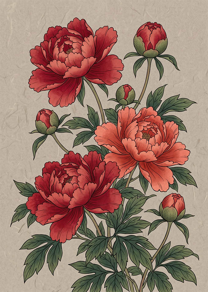 Traditional Red Peony Botanical Illustration