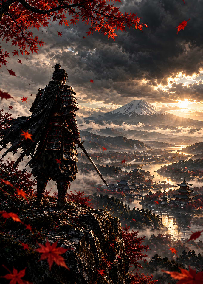 Samurai Overlooking Mount Fuji