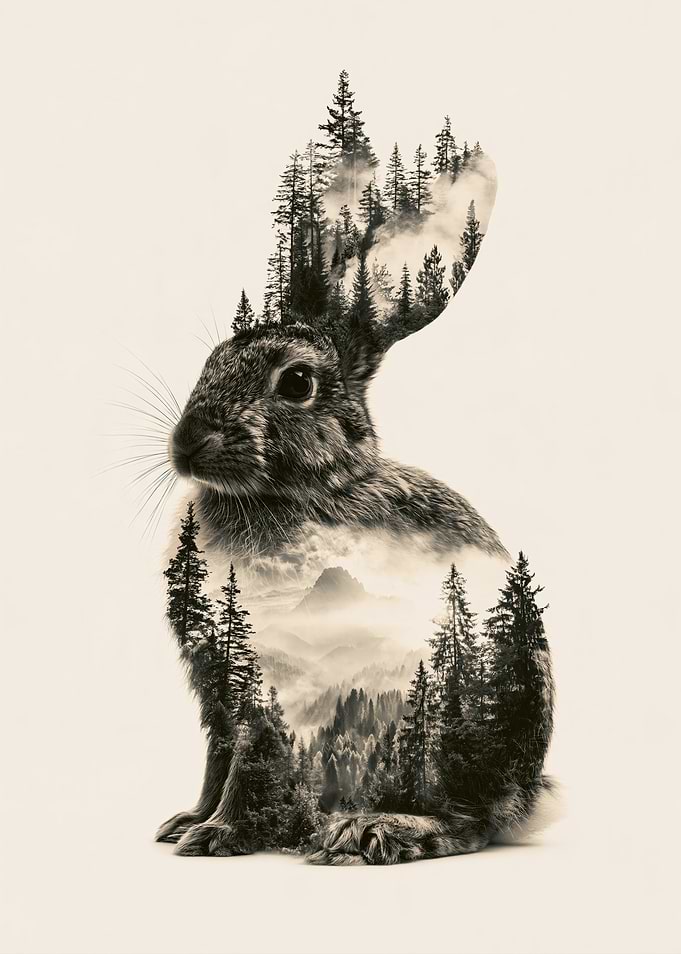 Double Exposure Rabbit Forest Silhouette