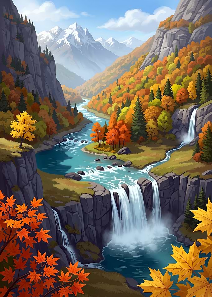 Autumn Mountain Waterfall Landscape Nature