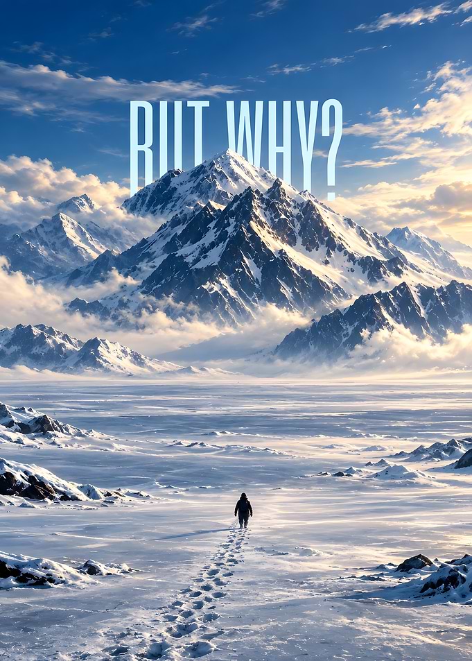 Lone Hiker in Snowy Mountains