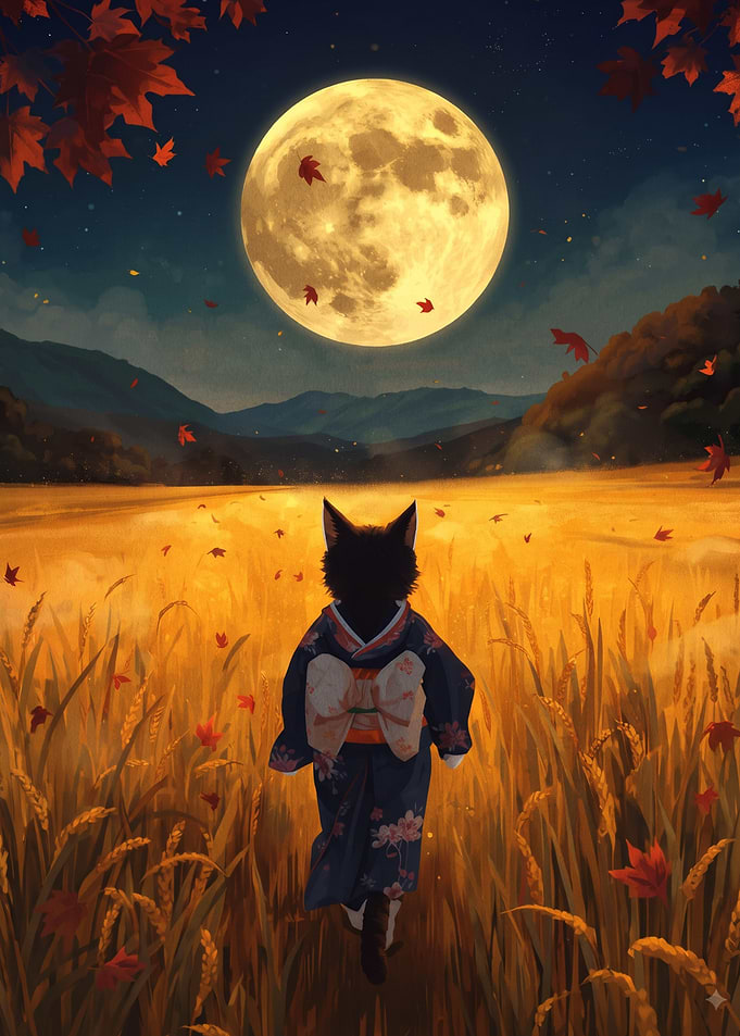 Cat in Kimono Under Full Moon