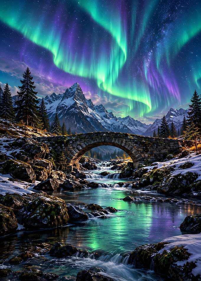 Stone Bridge Under Northern Lights