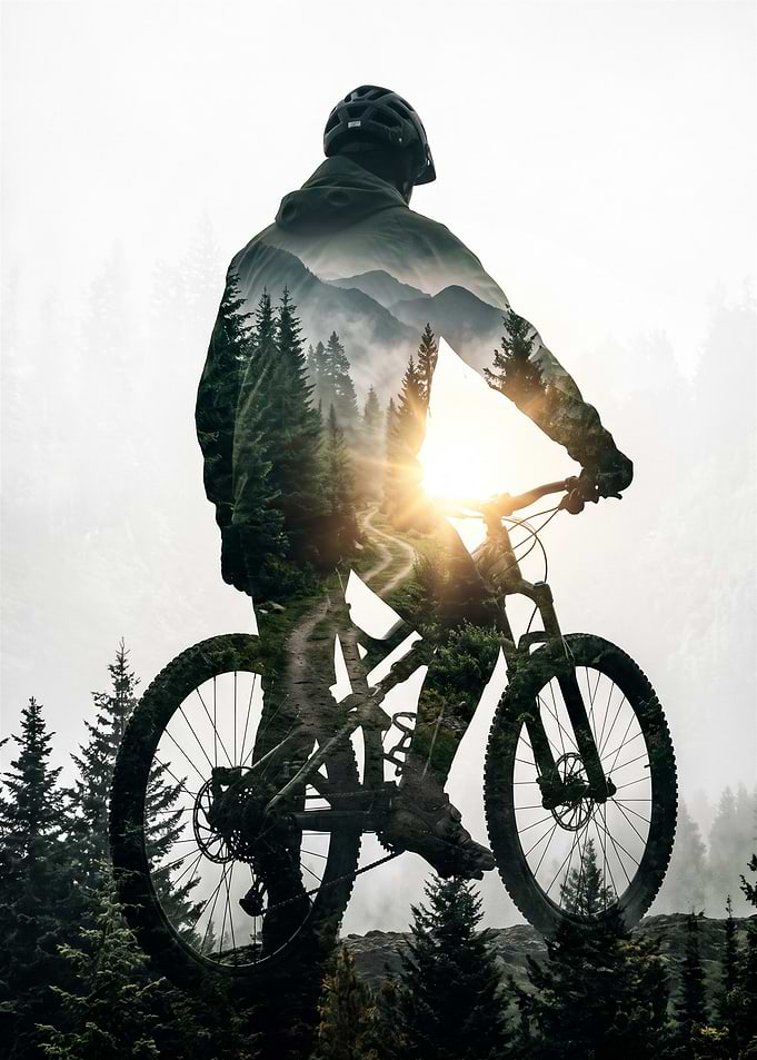 Double Exposure Mountain Biker Silhouette