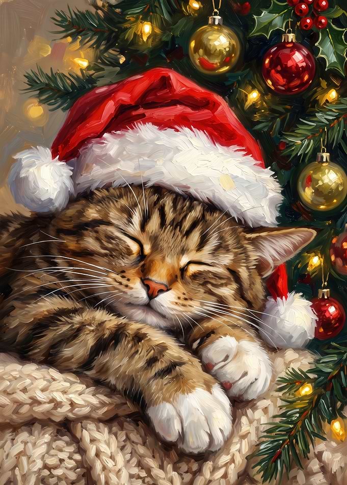 Sleeping Tabby Cat in Santa Hat