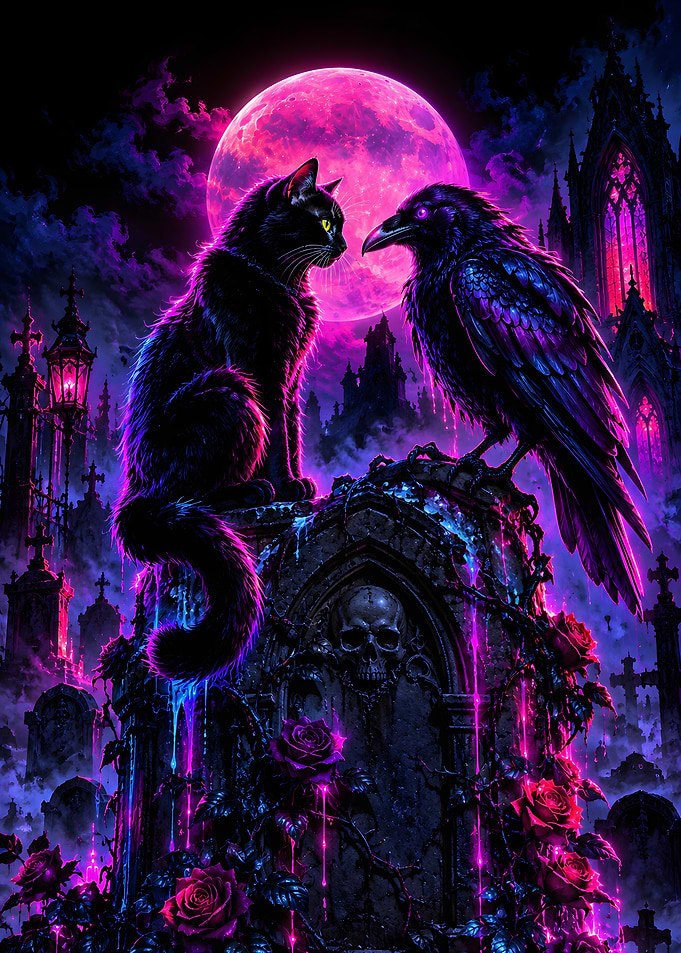 Black Cat And Raven Gothic Tombstone Moon