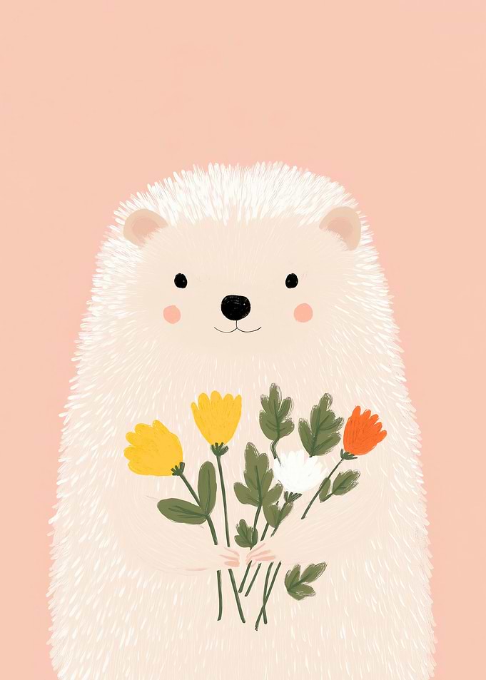 Hedgehog with Flower Bouquet - Cute Nursery Art