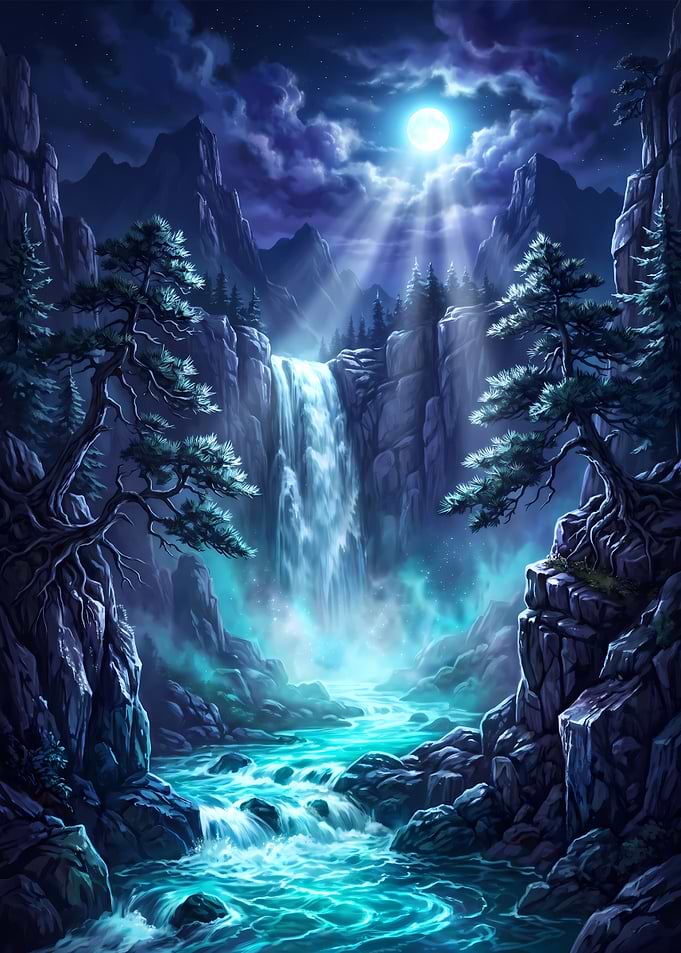 Ethereal Moonlight Waterfall Landscape