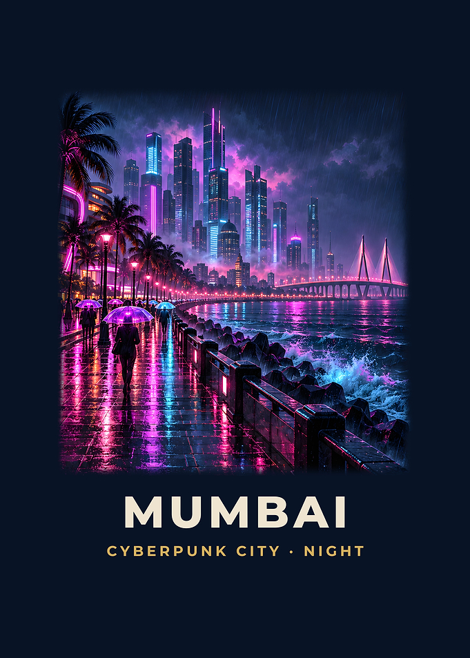 Mumbai Monsoon Cyberpunk Seafront Night Art