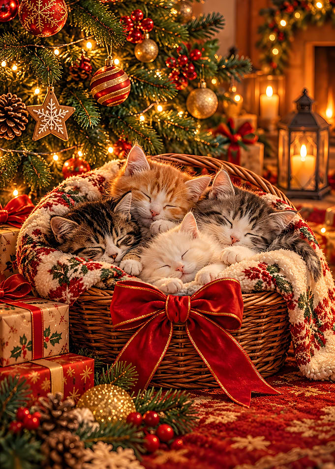 Kittens Sleeping In Christmas Basket