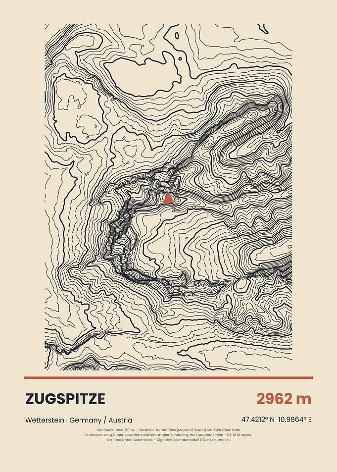 Mountain Wall Art – Zugspitze Topographic Map Poster