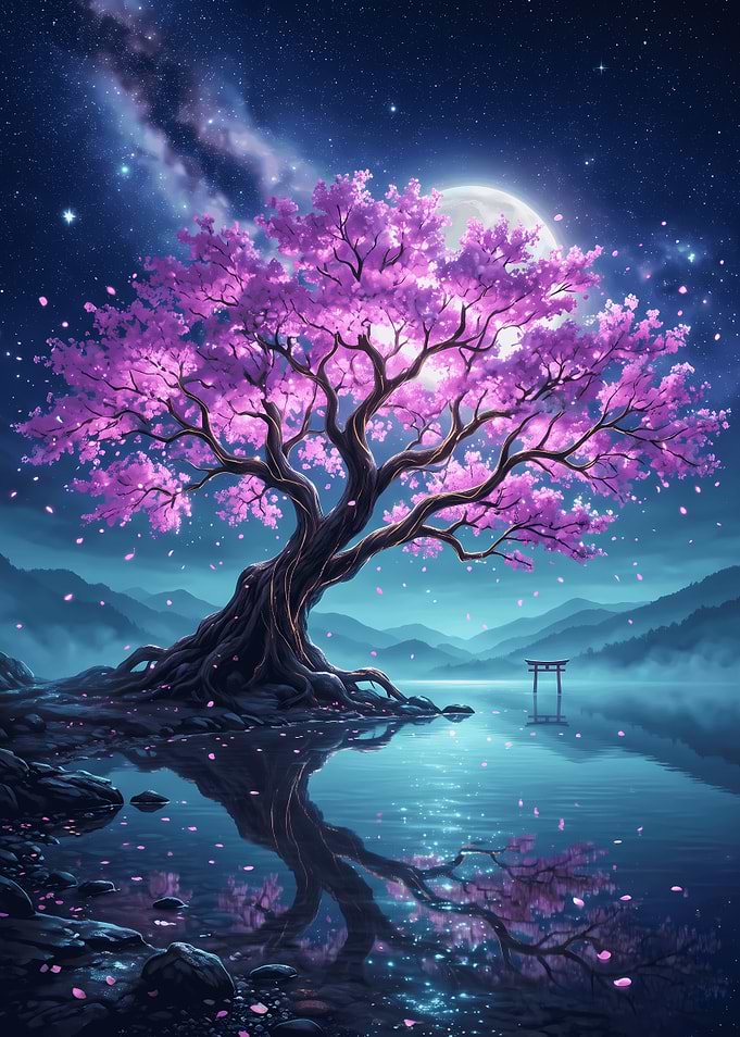 Glowing Cherry Blossom Tree at Night