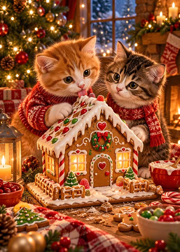 Kittens Building Gingerbread House