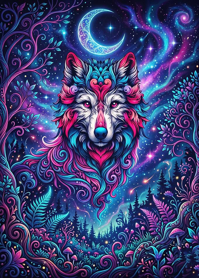 Cosmic Wolf Psychedelic Art Poster