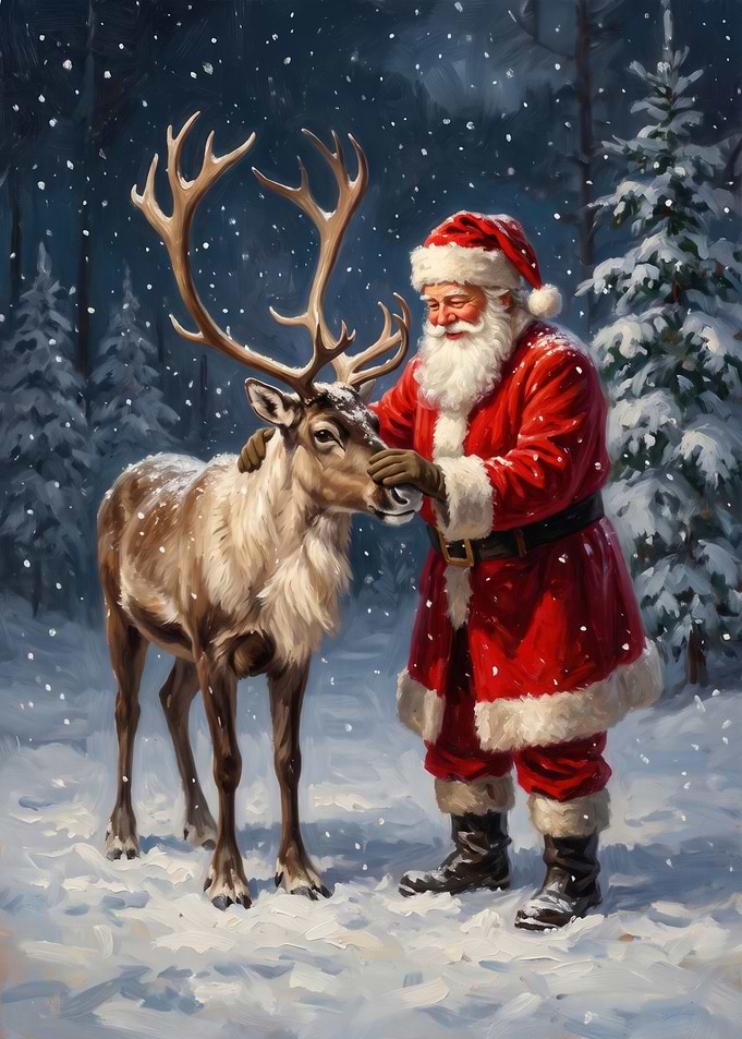 Santa Claus Petting a Reindeer