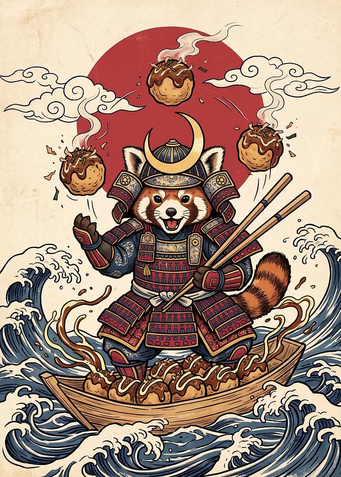 Samurai Red Panda with Takoyaki