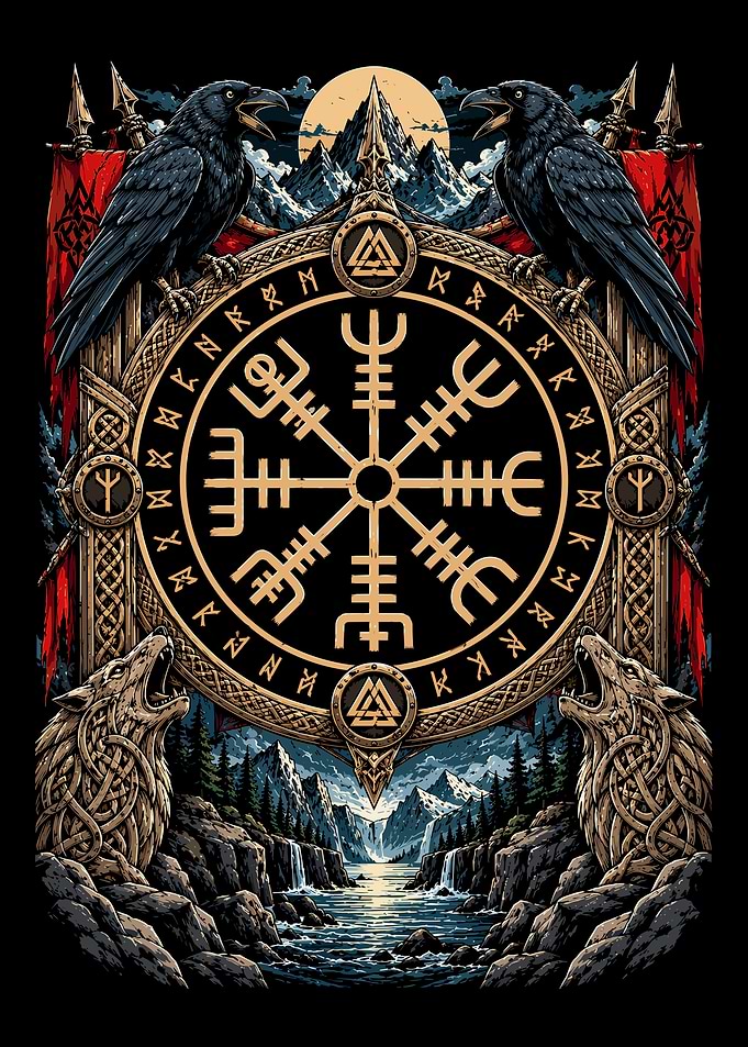 Viking Vegvisir Compass with Ravens and Wolves