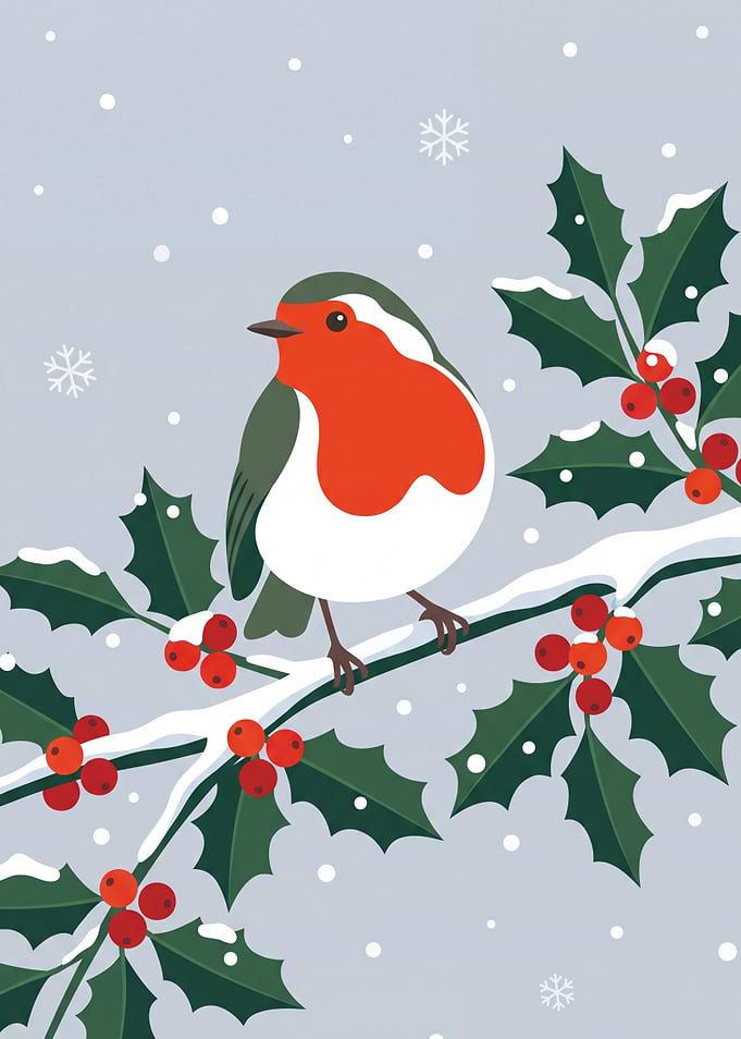 Robin on a Snowy Holly Branch