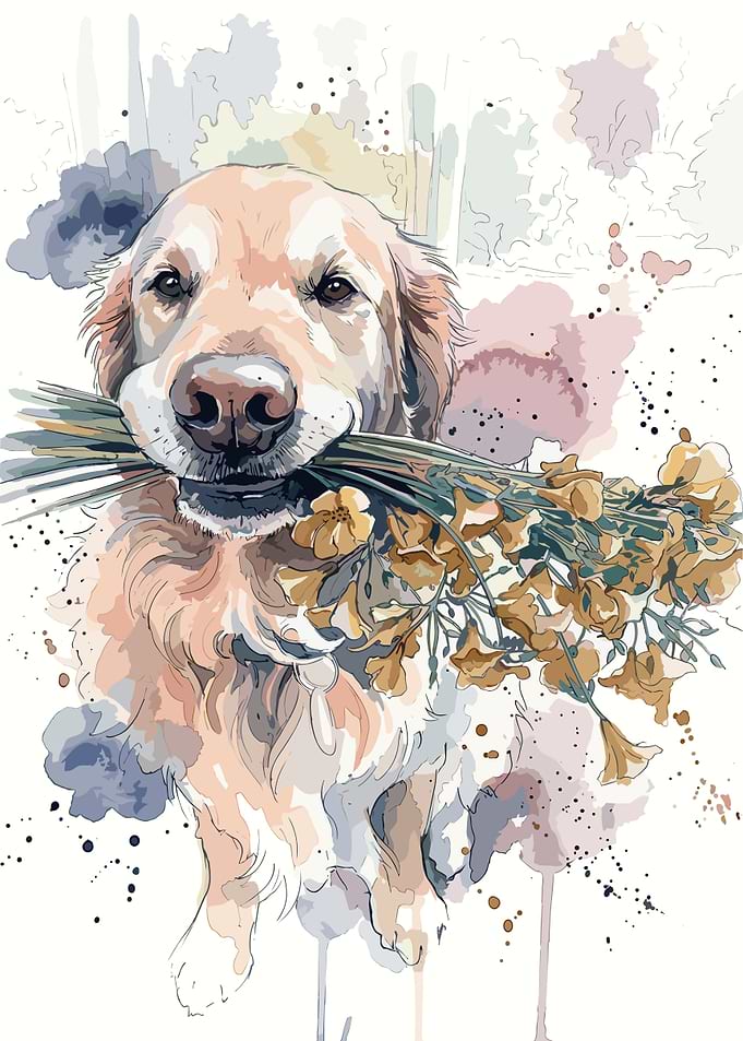 Golden Retriever Holding Wildflowers Watercolor Art