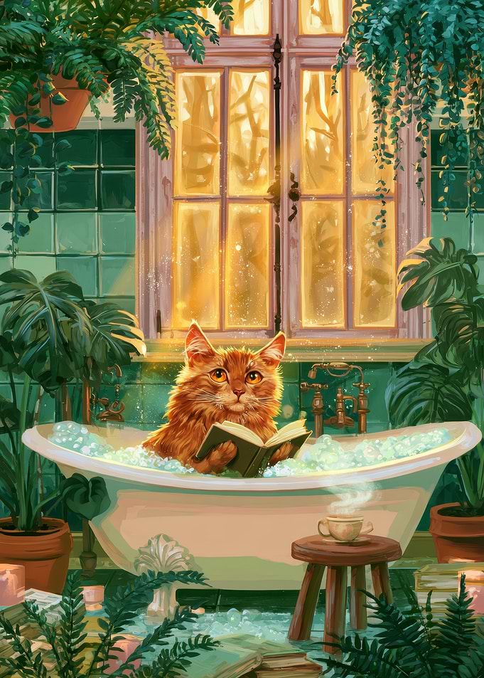 Ginger Cat Reading in Bubble Bath