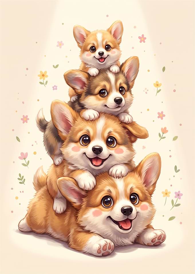 Stack of Four Cute Corgi Puppies