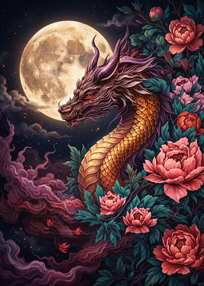Dragon Moon Peonies Fantasy Art