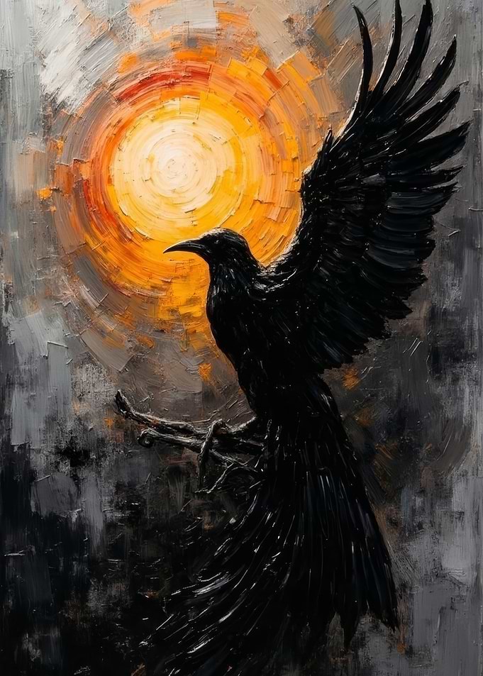 Oil Painting of Raven and Sun