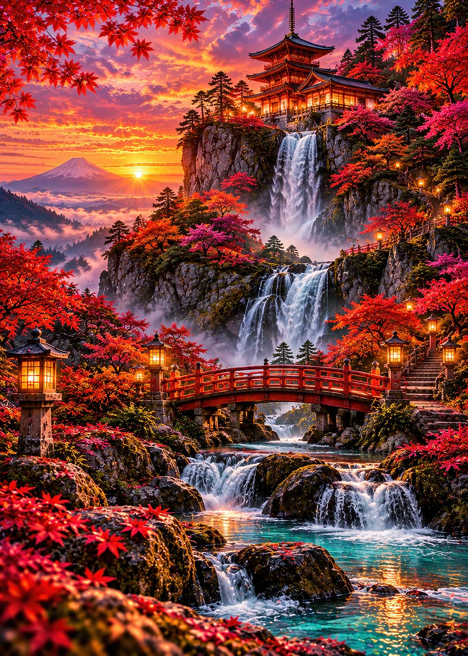 Japanese Temple Waterfall Autumn Sunset