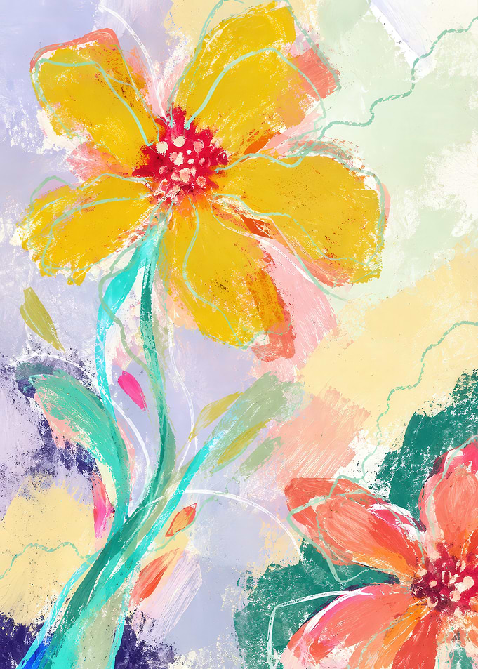 Abstract Floral Painting with Bright Flowers