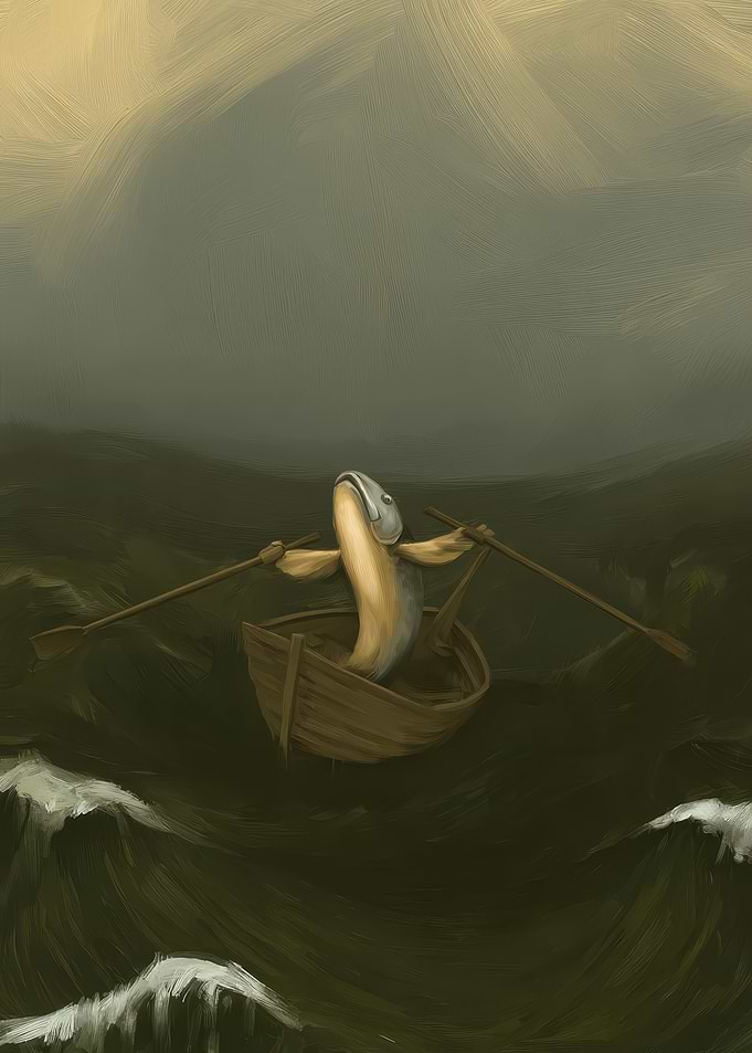 Fish Rowing a Wooden Boat