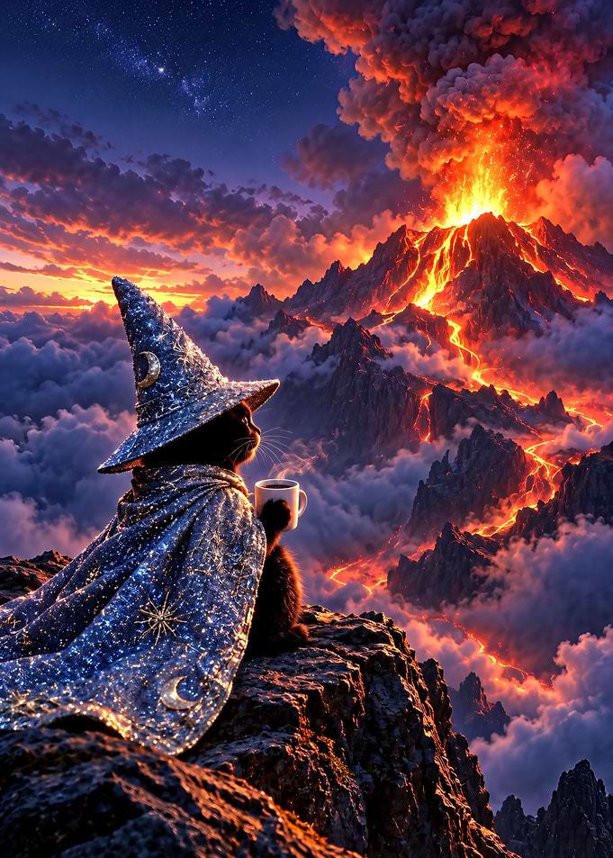 Wizard Cat Watching Volcanic Eruption Coffee